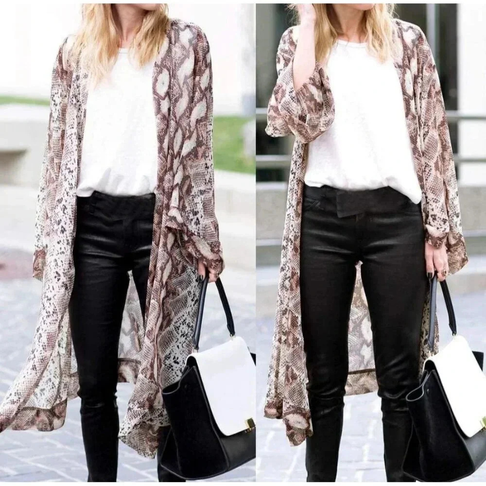 Hummingbird Womens Animal Print Long Sleeve Kimono Light Brown Size Medium-Large